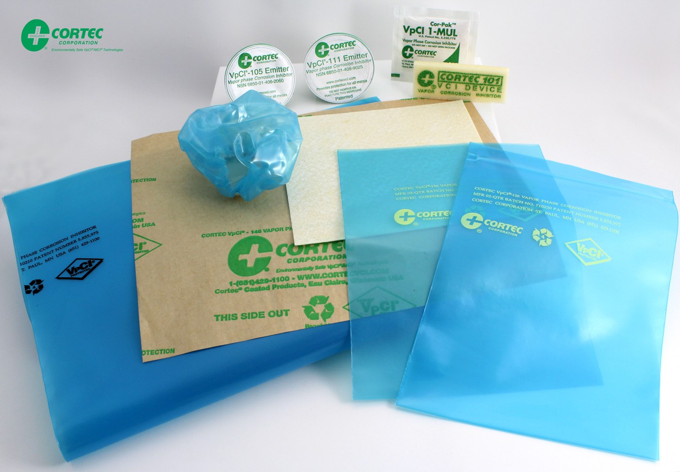 Range of Cortec VpCI films, papers, emitters and foam inserts