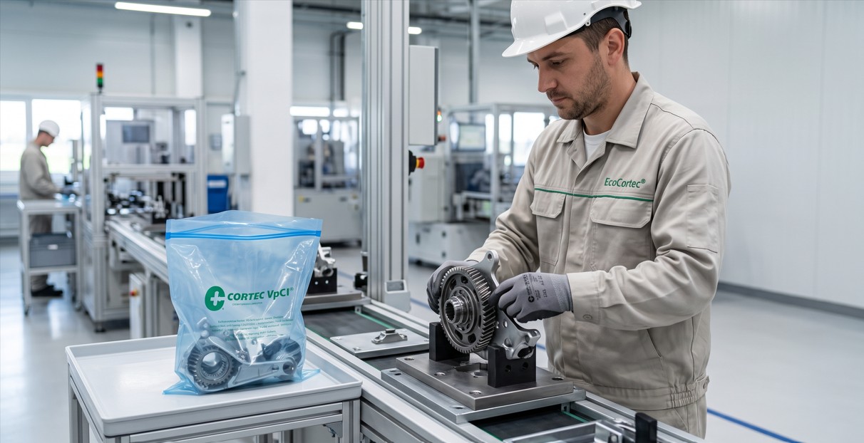 Operator handling a metal component packaged in Cortec VpCI film at the EcoCortec plant